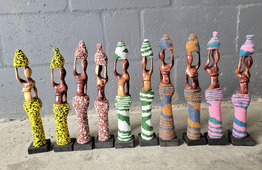 Beaded Zebra Wood African Women Carrying Water Pots. Comes in Pairs. Home/ Office decor 30cm Tall sculptures. Zambian Carved Wood Art Gifts