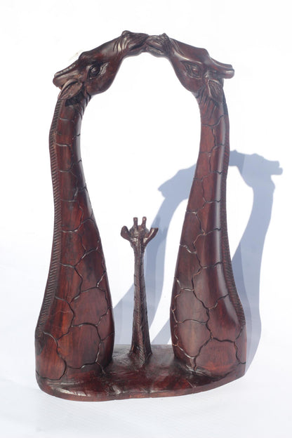 Fine Art Giraffe Necks Lovers, kissing with a calf. Zimbabwean handcarved Iron Wood Sculpture. Home/office Unique African gifts.