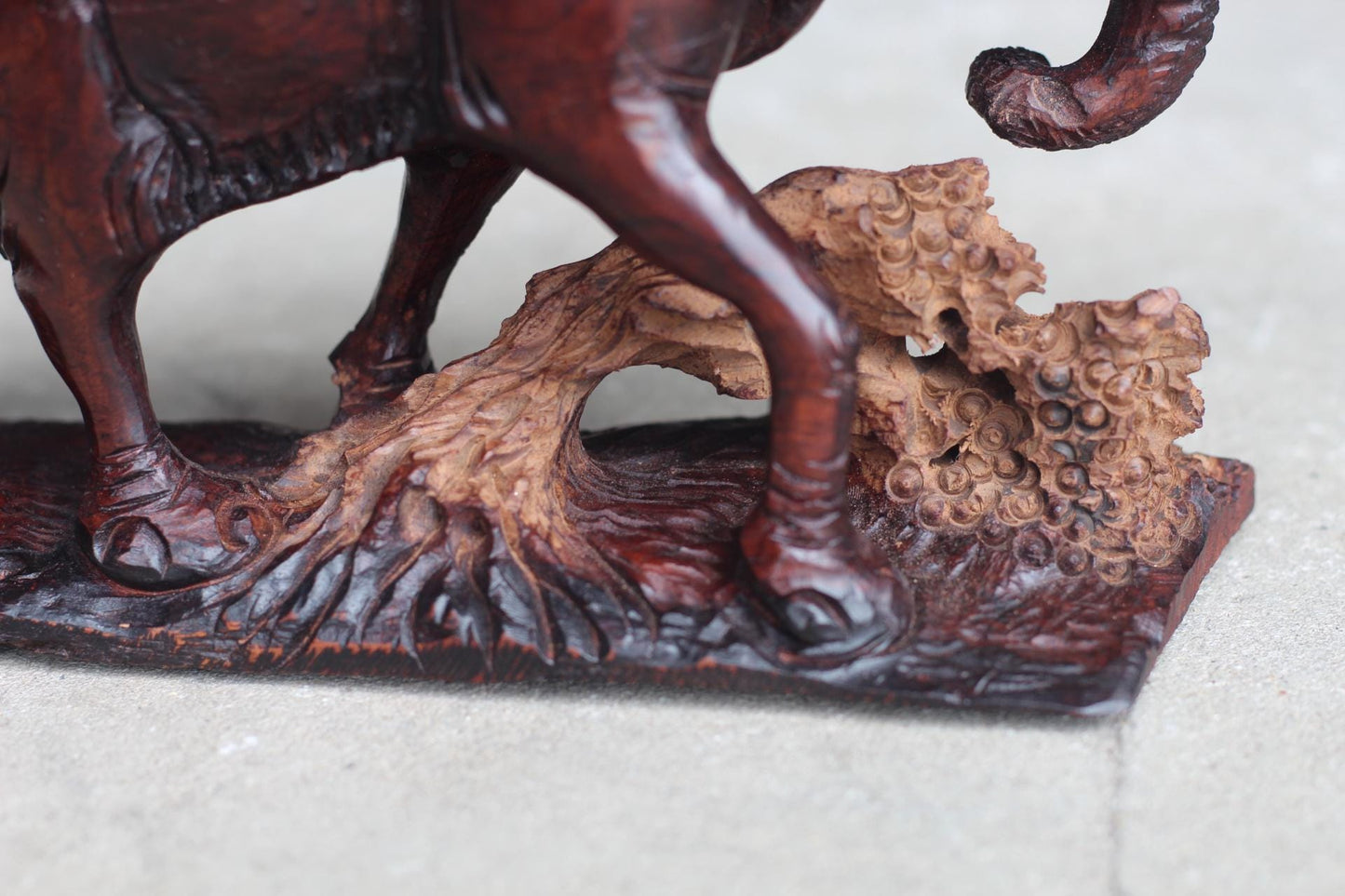 Smooth handcarved Elephant walking over a fallen tree. Ironwood dark brown Sculpture. Zimbabwe/African Art Décor unique gift ready to Ship