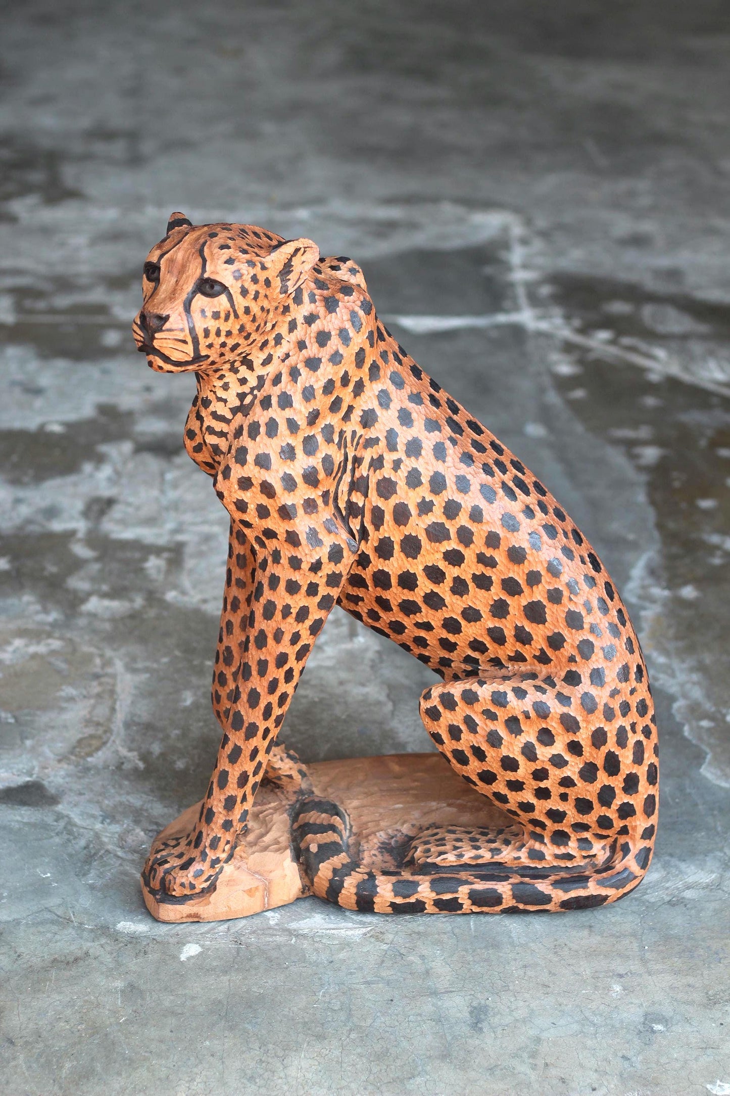 23" Teak Wood Life like Seating Cheetah Figurines. Fully detailed large gouged spotted hand carved Decor Sculpture. African Gift Masterpiece