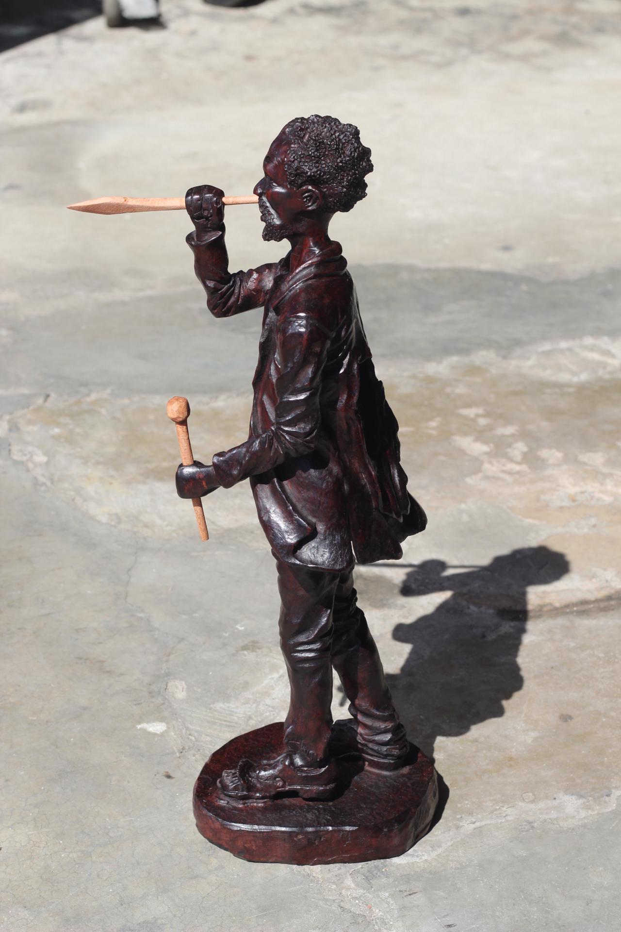 Large Dark Brown polished Ironwood Handcarved Warrior ready for battle. Carrying his weapons, 20 inches Tall, Ready to Ship African Art Gift