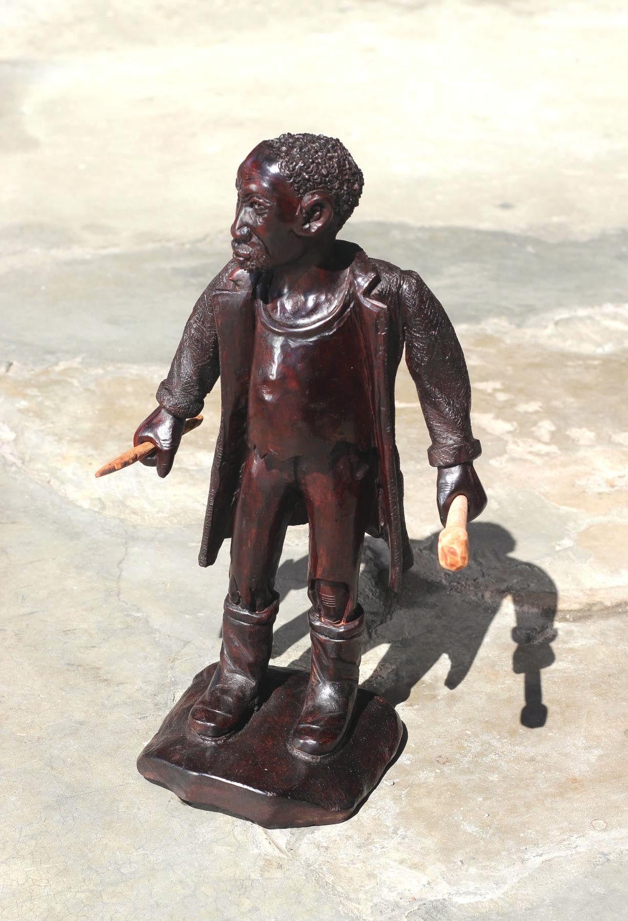 Large Dark Brown polished Ironwood Handcarved Warrior B ready for battle. Carrying his weapons, 16 inch Tall, Ready to Ship African Art Gift