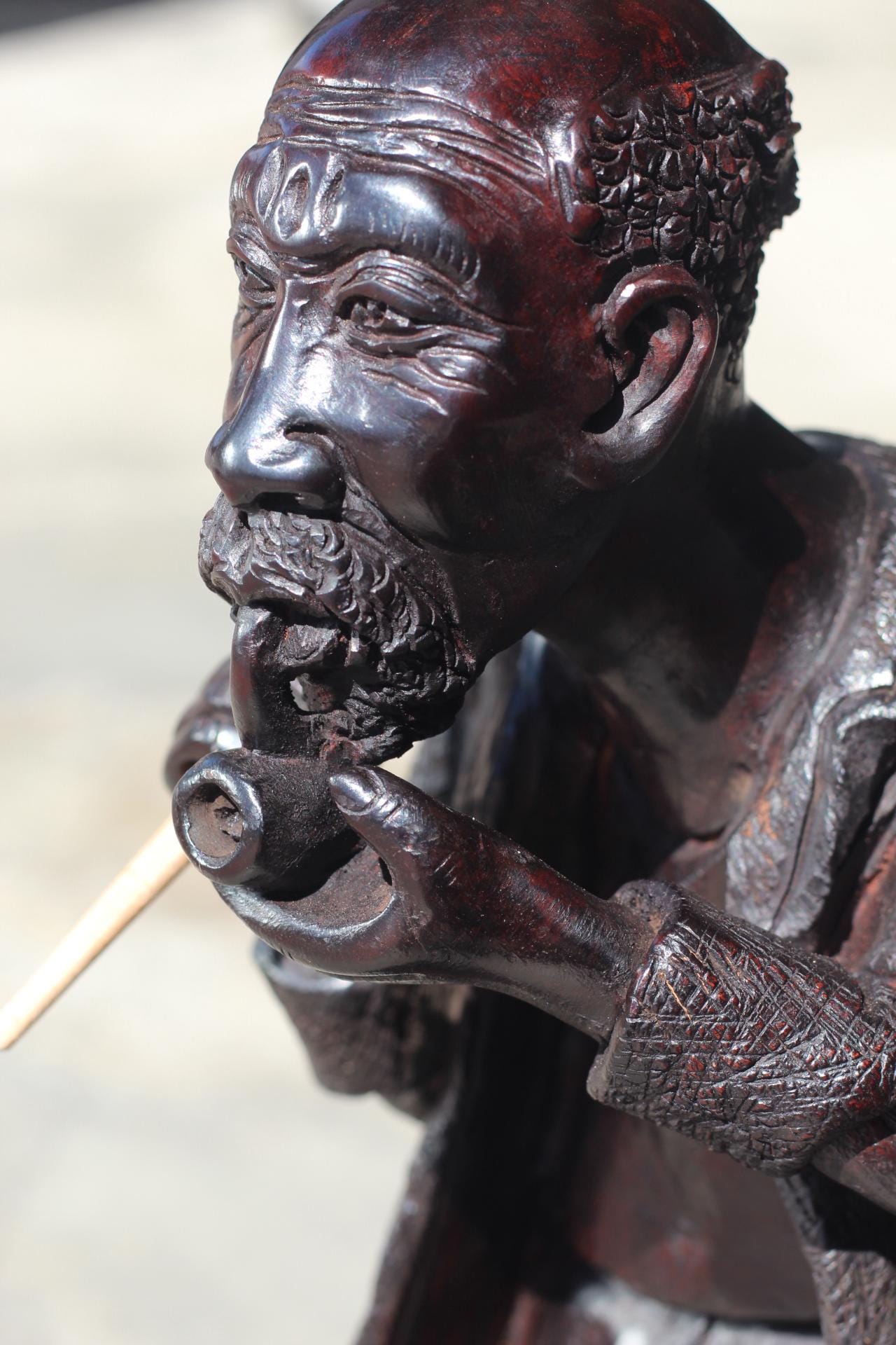 Vintage Ironwood Handcarved African Elderly man smoking a pipe and carrying a stick on the shoulder. 16 inches Tall, Ready to Ship Art Gifts