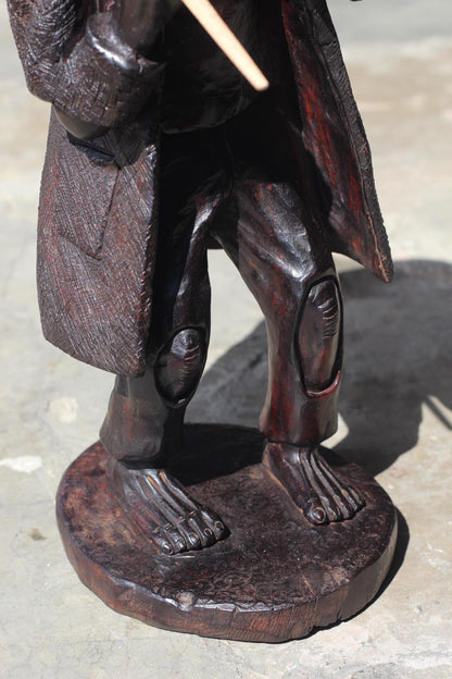 Vintage Ironwood Handcarved African Elderly man smoking a pipe and carrying a stick on the shoulder. 16 inches Tall, Ready to Ship Art Gifts