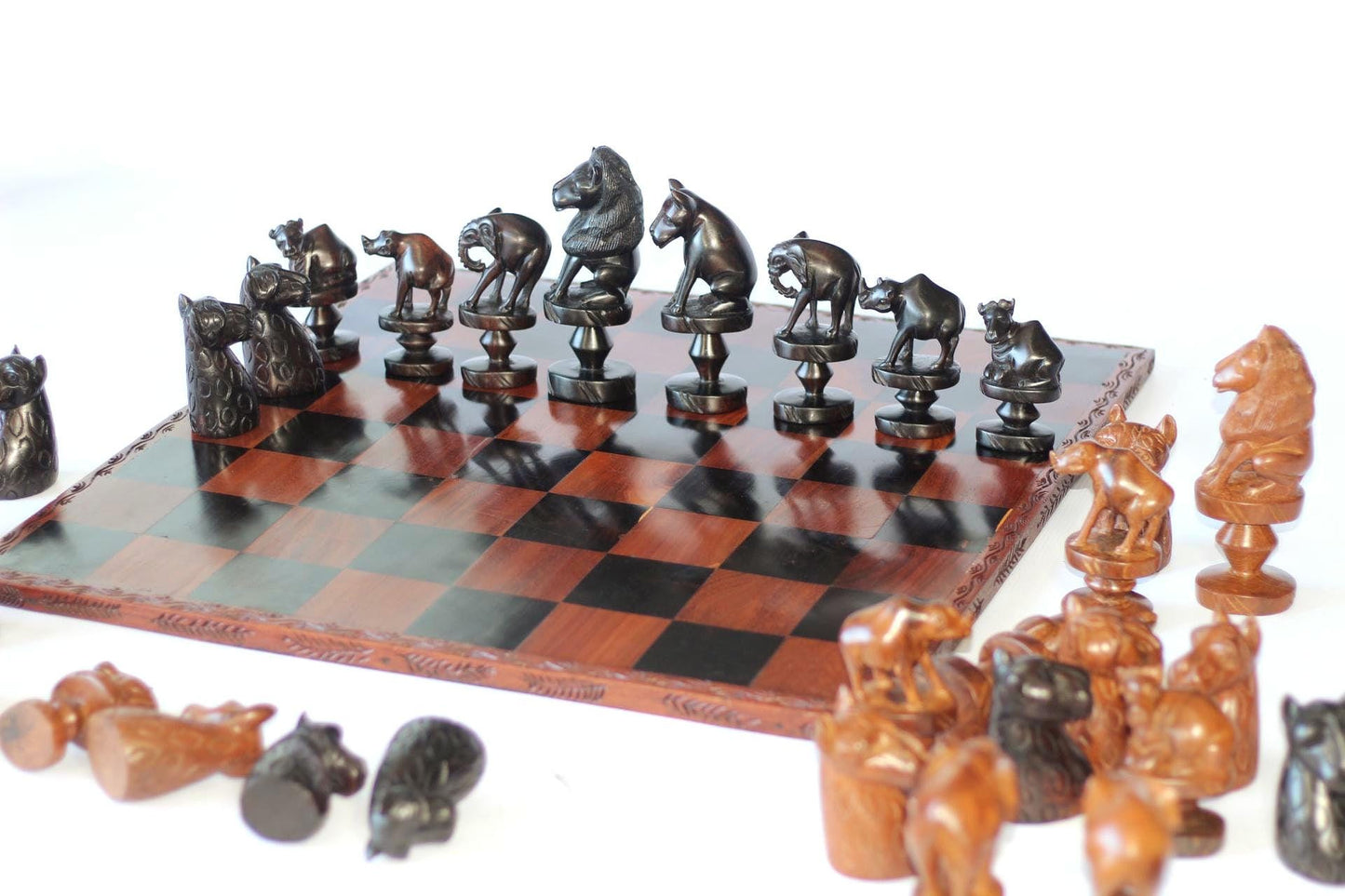 25" One of a kind Large Masterpiece Big Five Animals carved Wood African Chess Set. Malawian Handmade board game Gift. Chessboard art Decor