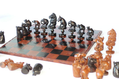 25" One of a kind Large Masterpiece Big Five Animals carved Wood African Chess Set. Malawian Handmade board game Gift. Chessboard art Decor