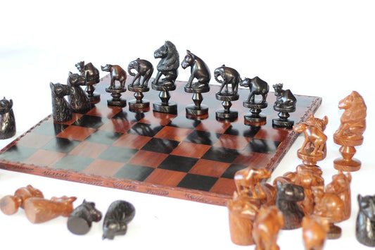25" One of a kind Large Masterpiece Big Five Animals carved Wood African Chess Set. Malawian Handmade board game Gift. Chessboard art Decor