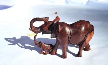 Charging Mother Elephant and Calf Ironwood Sculpture. Zimbabwean hand carved Smooth lifelike figurines. African Big 5 Fine Art Gifts