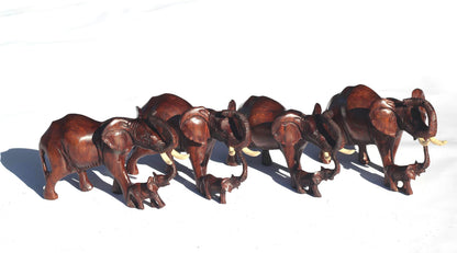 Charging Mother Elephant and Calf Ironwood Sculpture. Zimbabwean hand carved Smooth lifelike figurines. African Big 5 Fine Art Gifts