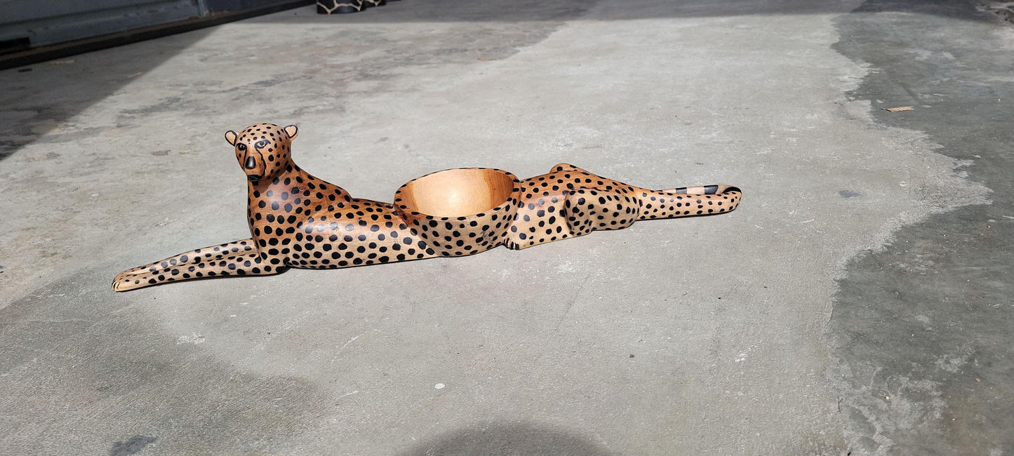 Seating Cheetah, handcarved Teak Wood Snack bowl Table Centerpiece. Brown and black Big Cat Safari Decor, ready to Ship African Art Gifts.