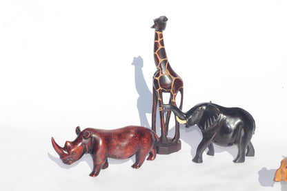 Set of 7 Carved Wooden Safari animals. Olive Wood Elephant, Hippos, Baboon, Rhino, Warthog and Giraffe figurines. African gift ready to Ship