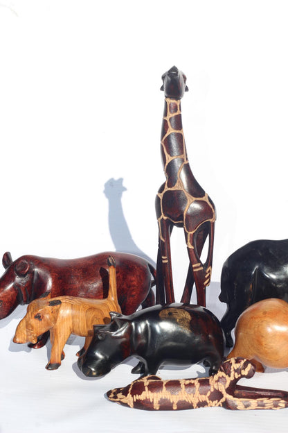Set of 7 Carved Wooden Safari animals. Olive Wood Elephant, Hippos, Baboon, Rhino, Warthog and Giraffe figurines. African gift ready to Ship