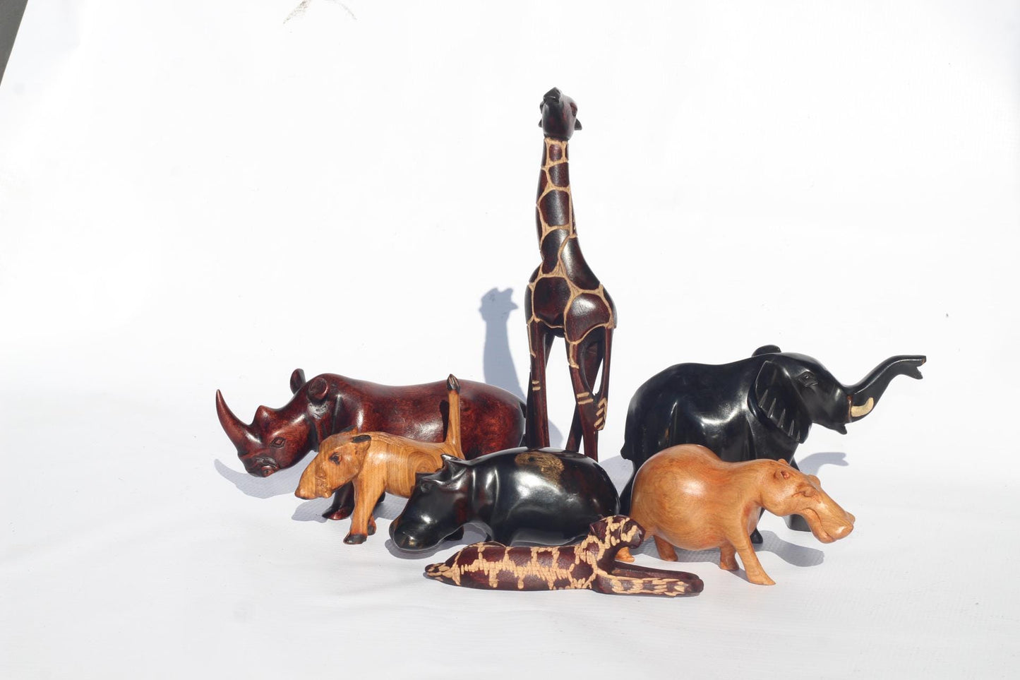 Set of 7 Carved Wooden Safari animals. Olive Wood Elephant, Hippos, Baboon, Rhino, Warthog and Giraffe figurines. African gift ready to Ship