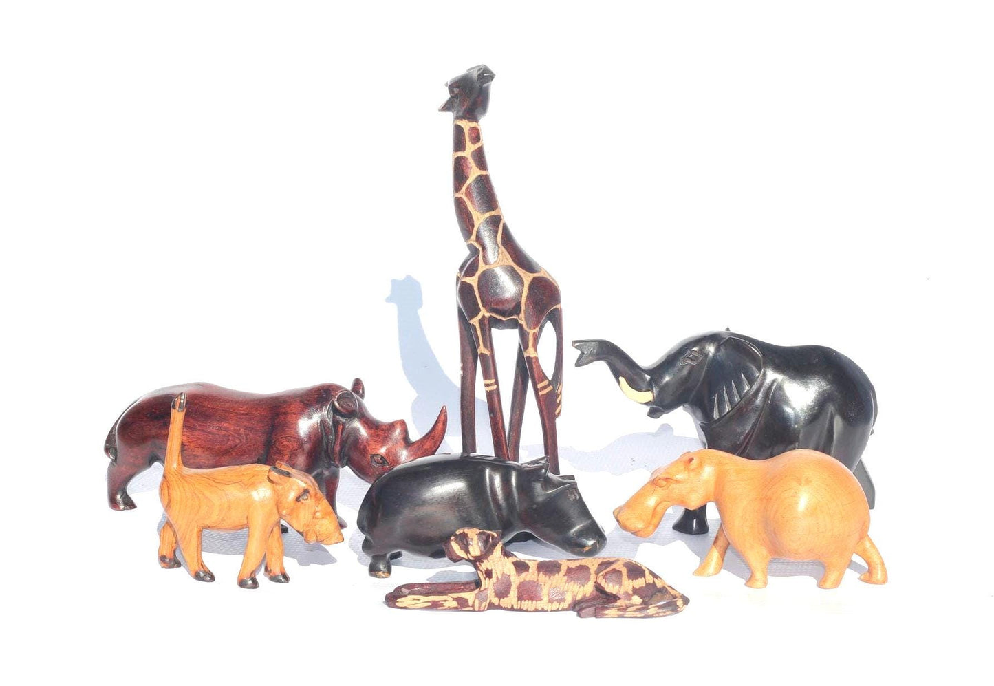 Set of 7 Carved Wooden Safari animals. Olive Wood Elephant, Hippos, Baboon, Rhino, Warthog and Giraffe figurines. African gift ready to Ship