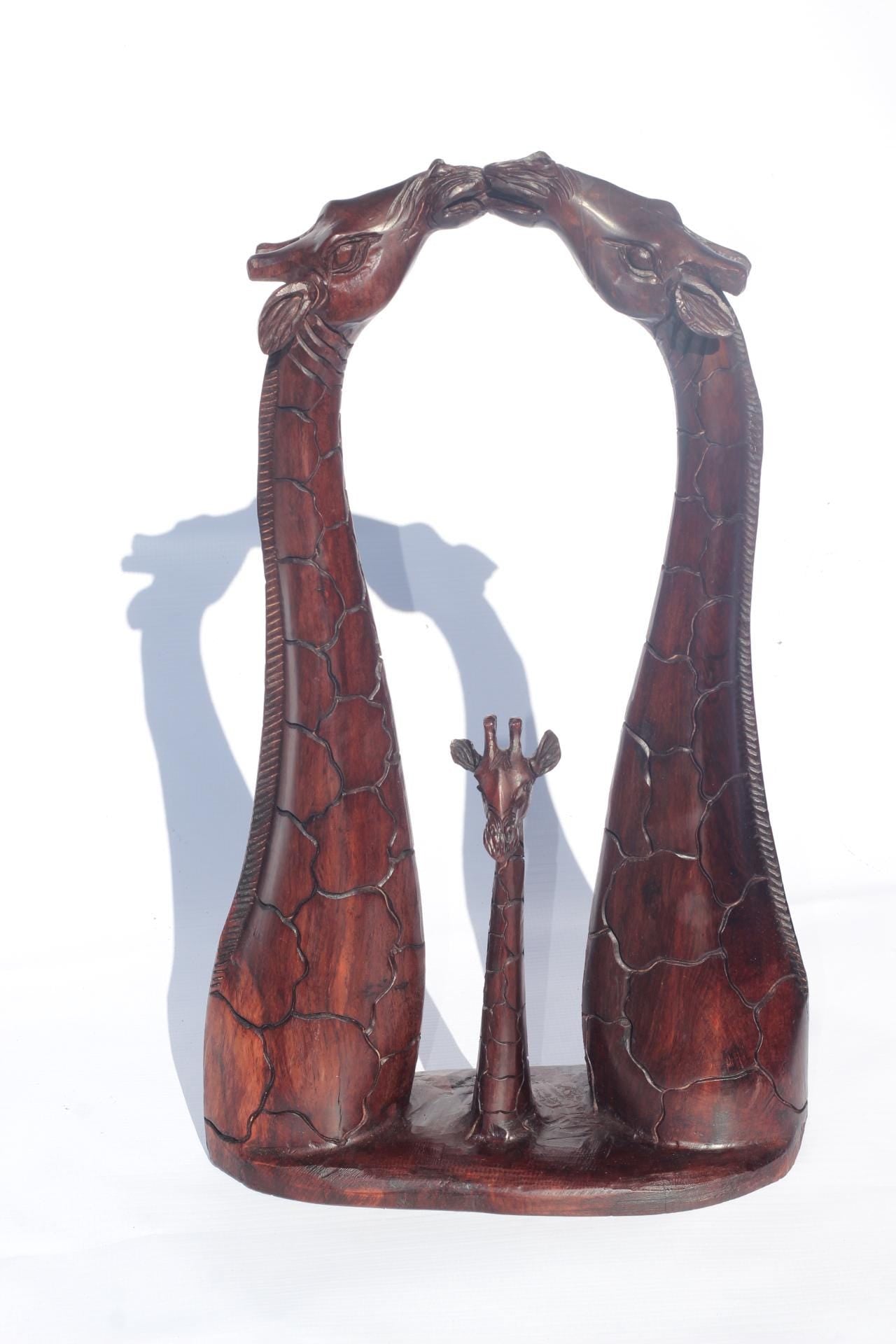 Fine Art Giraffe Necks Lovers, kissing with a calf. Zimbabwean handcarved Iron Wood Sculpture. Home/office Unique African gifts.