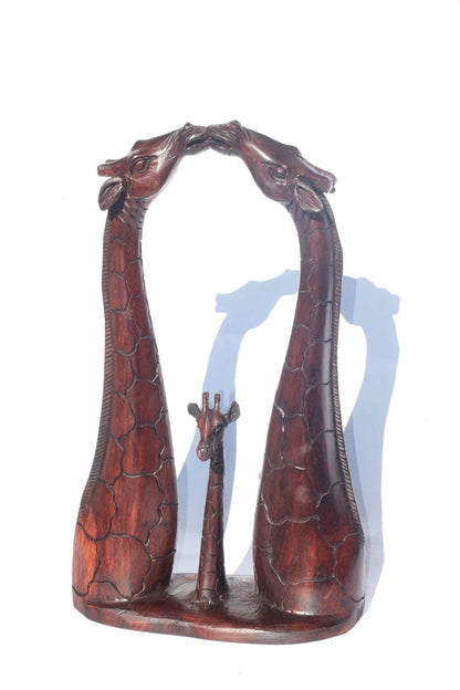 Fine Art Giraffe Necks Lovers, kissing with a calf. Zimbabwean handcarved Iron Wood Sculpture. Home/office Unique African gifts.