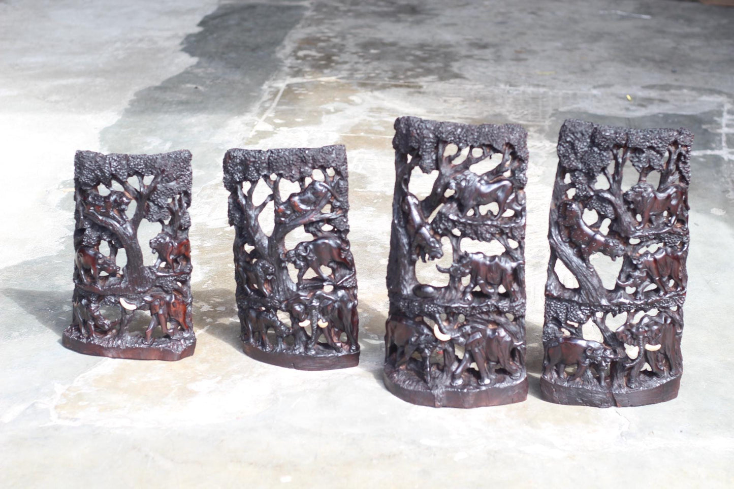 Iron Wood African Big 5 under trees hand carved panel. Table top self standing Decor gift. Dark Brown polished Zimbabwe Handcarved Art