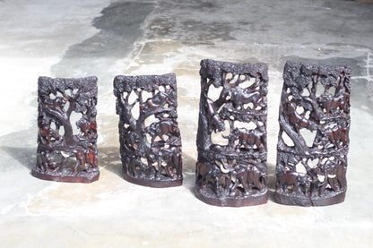 Iron Wood African Big 5 under trees hand carved panel. Table top self standing Decor gift. Dark Brown polished Zimbabwe Handcarved Art