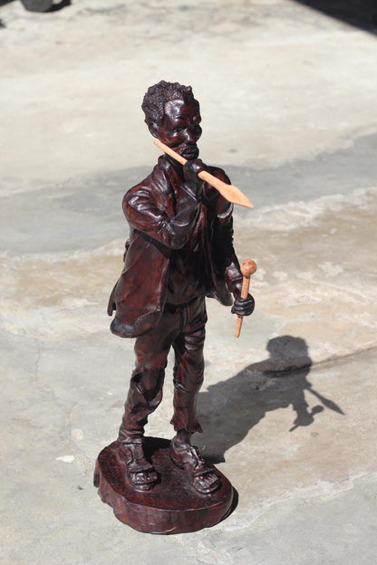 Large Dark Brown polished Ironwood Handcarved Warrior ready for battle. Carrying his weapons, 20 inches Tall, Ready to Ship African Art Gift