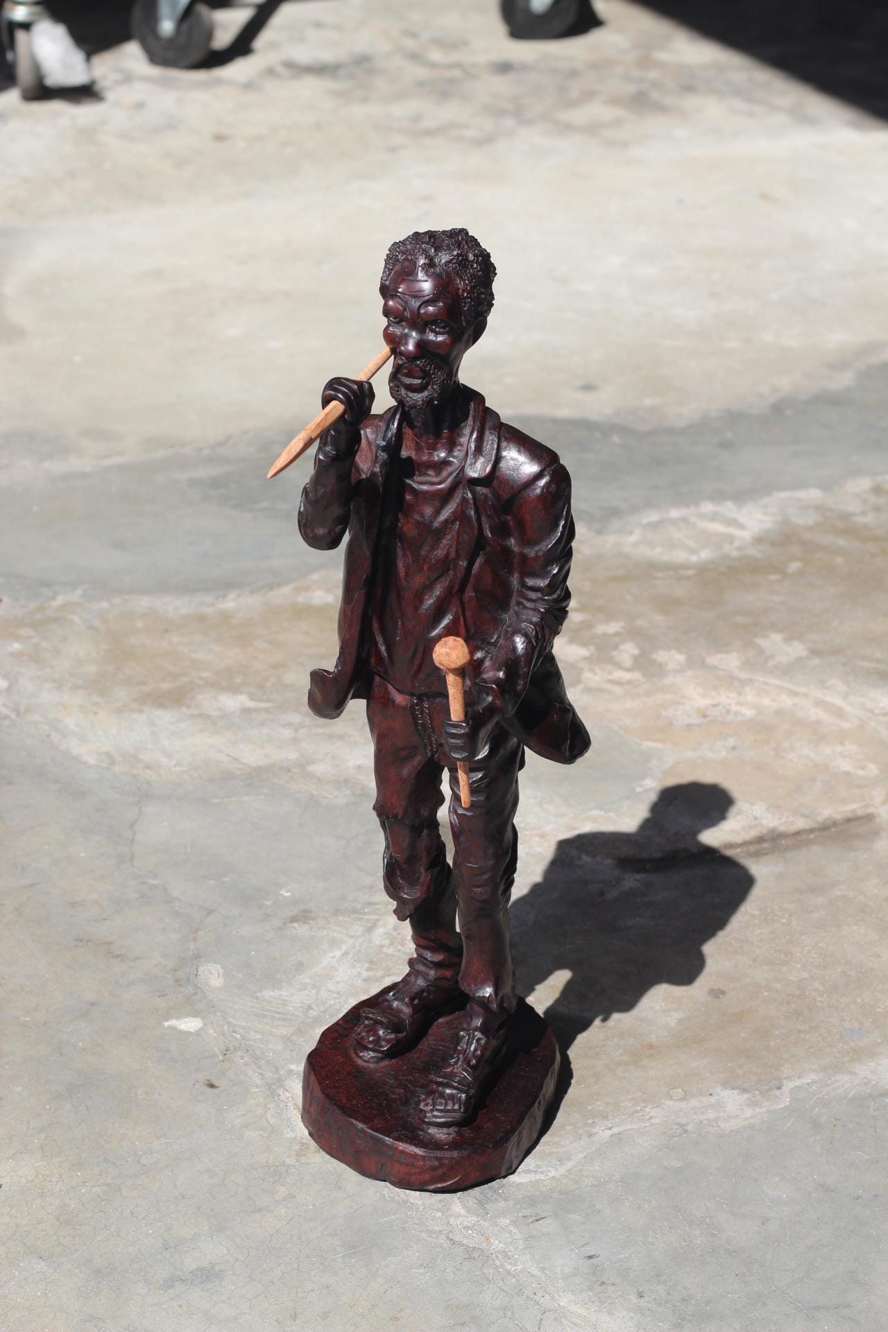 Large Dark Brown polished Ironwood Handcarved Warrior ready for battle. Carrying his weapons, 20 inches Tall, Ready to Ship African Art Gift