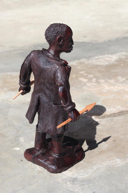 Large Dark Brown polished Ironwood Handcarved Warrior B ready for battle. Carrying his weapons, 16 inch Tall, Ready to Ship African Art Gift