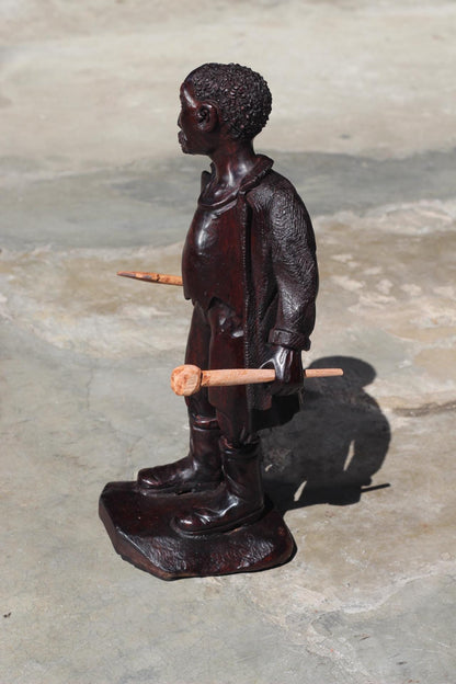 Large Dark Brown polished Ironwood Handcarved Warrior B ready for battle. Carrying his weapons, 16 inch Tall, Ready to Ship African Art Gift