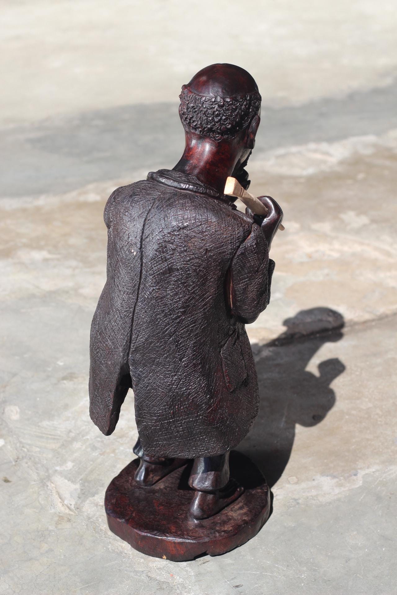 Vintage Ironwood Handcarved African Elderly man smoking a pipe and carrying a stick on the shoulder. 16 inches Tall, Ready to Ship Art Gifts
