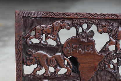 African Big Five Animals carved on a Rectangular Wall Decor Panel. With African map center, Iron Wood Fine Art ornament. Ready to Ship gift