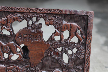 African Big Five Animals carved on a Rectangular Wall Decor Panel. With African map center, Iron Wood Fine Art ornament. Ready to Ship gift