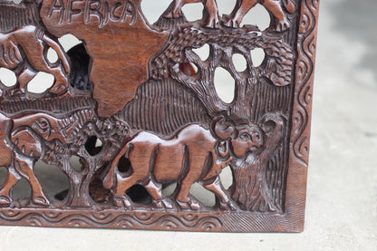African Big Five Animals carved on a Rectangular Wall Decor Panel. With African map center, Iron Wood Fine Art ornament. Ready to Ship gift