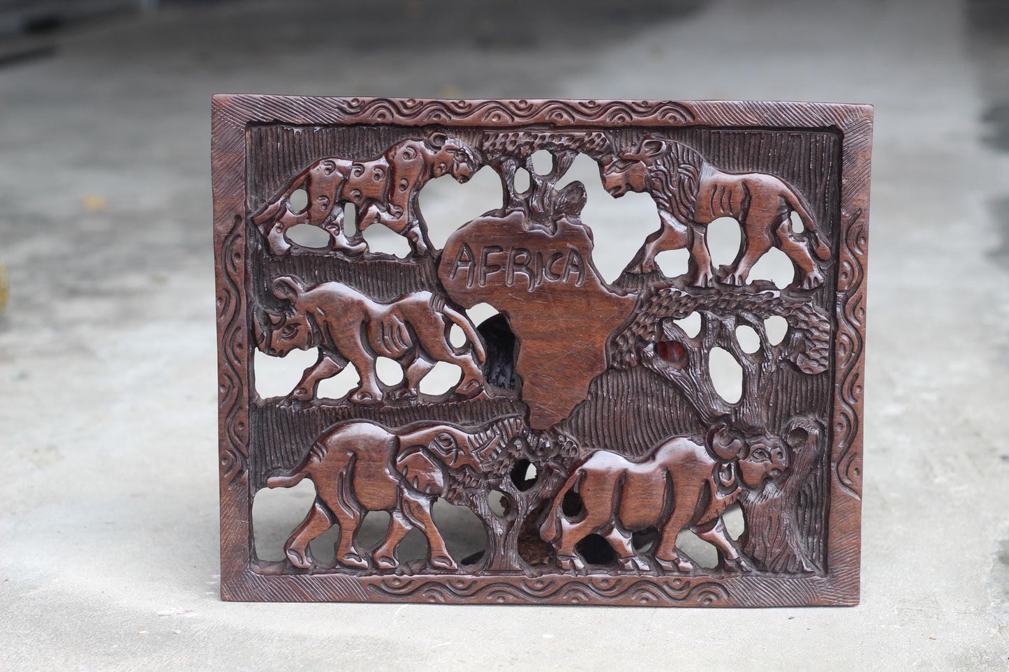 African Big Five Animals carved on a Rectangular Wall Decor Panel. With African map center, Iron Wood Fine Art ornament. Ready to Ship gift