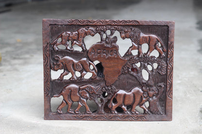 African Big Five Animals carved on a Rectangular Wall Decor Panel. With African map center, Iron Wood Fine Art ornament. Ready to Ship gift