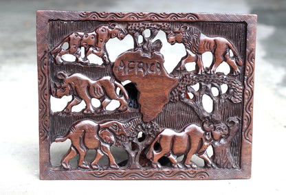 African Big Five Animals carved on a Rectangular Wall Decor Panel. With African map center, Iron Wood Fine Art ornament. Ready to Ship gift