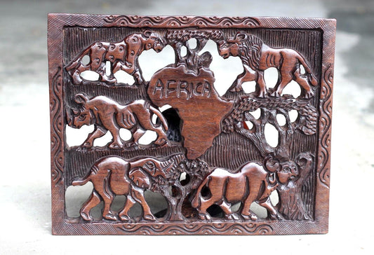 African Big Five Animals carved on a Rectangular Wall Decor Panel. With African map center, Iron Wood Fine Art ornament. Ready to Ship gift