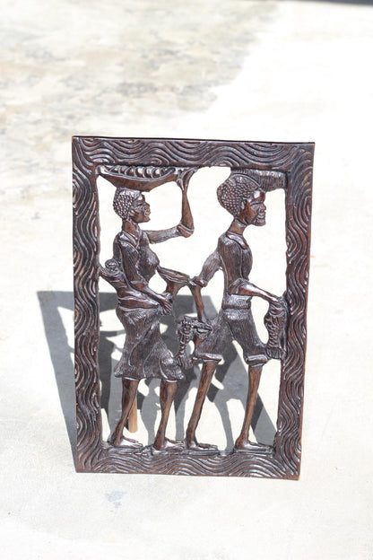 African Village Life Frame with a man carrying Fish and Lady with child. Malawian Dark Iron Wood Detailed Handcarved Wall Art Gifts