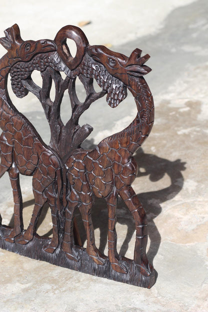 Handcarved Iron Wood Giraffe Wall Art, Kissing Giraffes Wedding Gift
