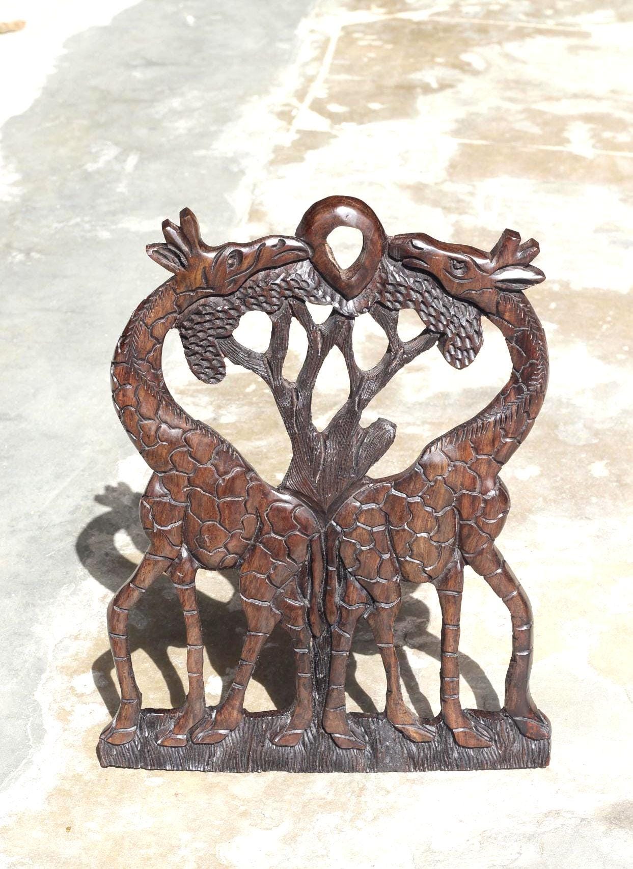 Handcarved Iron Wood Giraffe Wall Art, Kissing Giraffes Wedding Gift