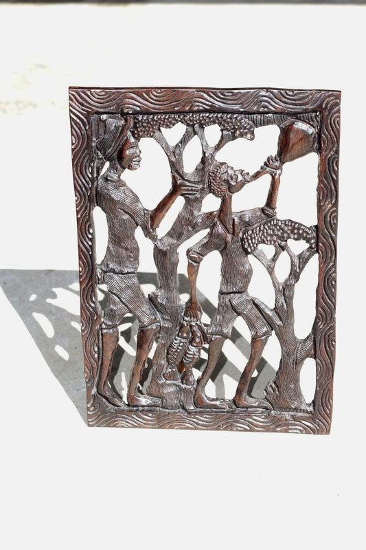 African Village Life Frame with a man carrying Fish and Lady with child. Malawian Dark Iron Wood Detailed Handcarved Wall Art Gifts