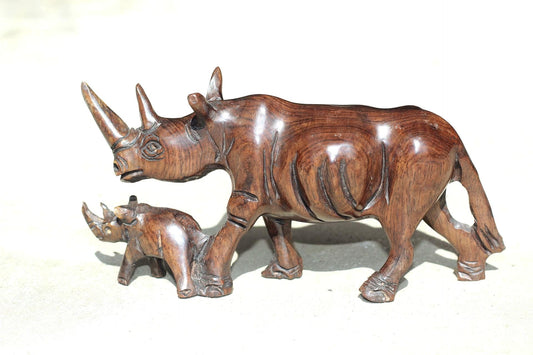 Iron wood Malawian style Rhinoceros mother and calf figurine. Handcarved Unique African animal Decor. Ready to Ship Mothers day gift.