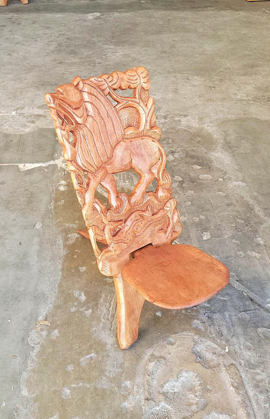 Medium Sized African Polished Foldable chair. Malawian Mahogany Carved Roaring Lion and Sleeping Antelope. Home /Office Art decor gifts