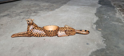 Seating Cheetah, handcarved Teak Wood Snack bowl Table Centerpiece. Brown and black Big Cat Safari Decor, ready to Ship African Art Gifts.