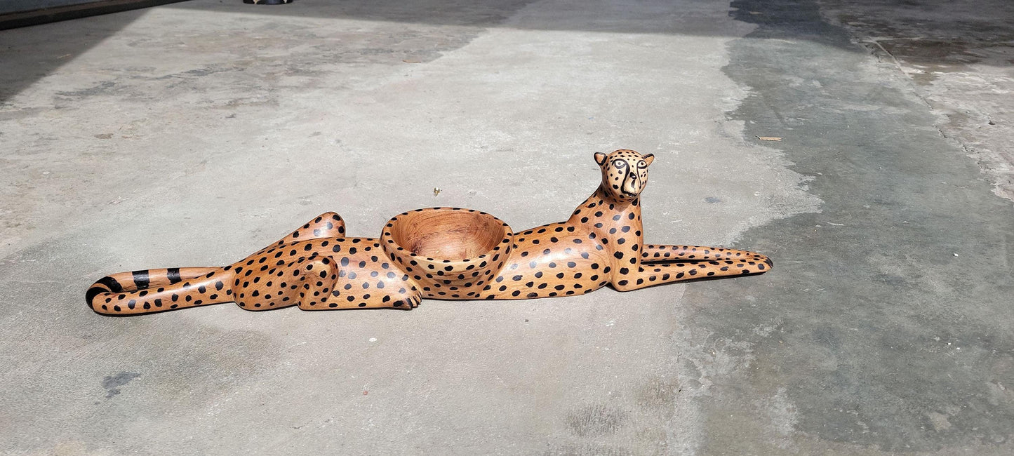 Seating Cheetah, handcarved Teak Wood Snack bowl Table Centerpiece. Brown and black Big Cat Safari Decor, ready to Ship African Art Gifts.