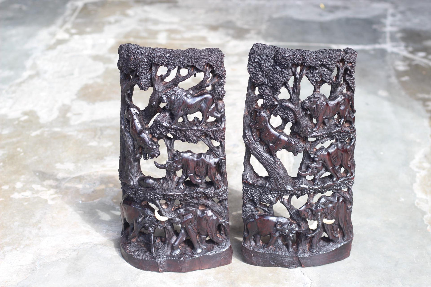 Iron Wood African Big 5 under trees hand carved panel. Table top self standing Decor gift. Dark Brown polished Zimbabwe Handcarved Art