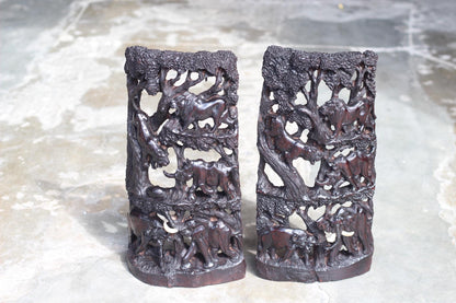 Iron Wood African Big 5 under trees hand carved panel. Table top self standing Decor gift. Dark Brown polished Zimbabwe Handcarved Art