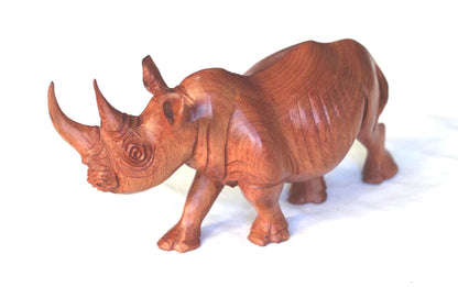 Lifelike Mahogany wood Rhino Figurine. Handcarved light brown, smooth skin walking animal art sculpture. Home and Office Decor Ready to Ship