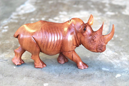 Lifelike Mahogany wood Rhino Figurine. Handcarved light brown, smooth skin walking animal art sculpture. Home and Office Decor Ready to Ship