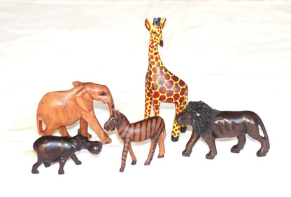 Set of 5 Carved Wooden Safari animals. Olive Wood Elephant, Hippo, Zebra, lion and Giraffe figurines. African Christmas gift ready to Ship