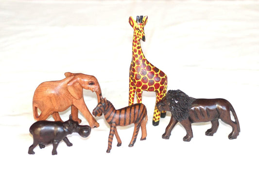 Set of 5 Carved Wooden Safari animals. Olive Wood Elephant, Hippo, Zebra, lion and Giraffe figurines. African Christmas gift ready to Ship