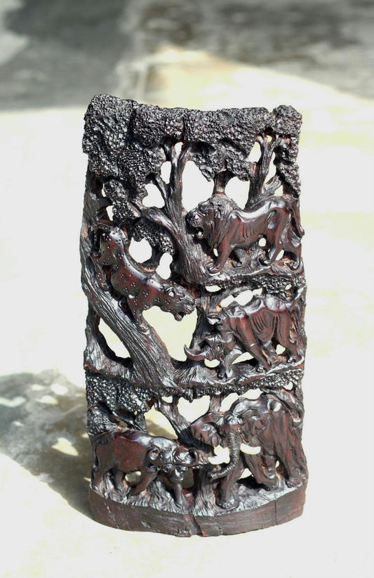 Iron Wood African Big 5 under trees hand carved panel. Table top self standing Decor gift. Dark Brown polished Zimbabwe Handcarved Art