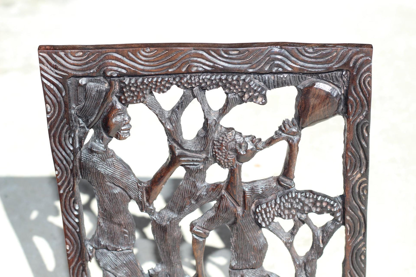 African Village Life Frame with a man carrying Fish and Lady with child. Malawian Dark Iron Wood Detailed Handcarved Wall Art Gifts